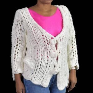 Sheri Bodell Cardigan Sweater White Wool Crochet Chunky Knit Loose Size Small